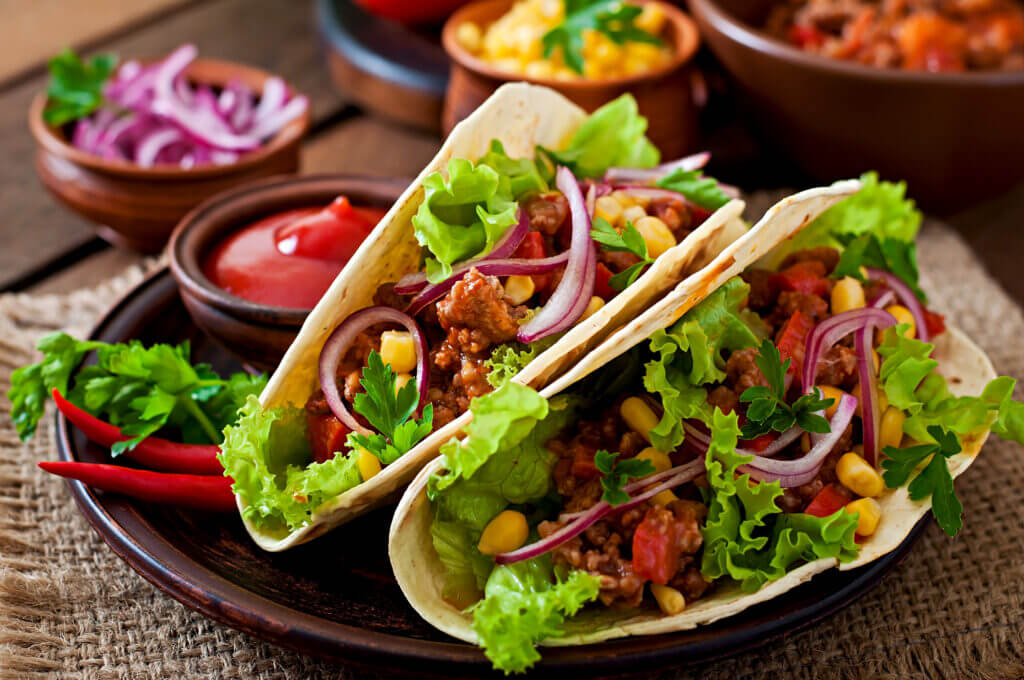 mexican tacos with meat vegetables red onion